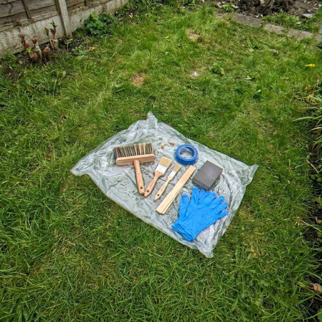 The prep and protection kit laid out on a dust sheet: brushes, masking tape, sanding block and nitrile gloves