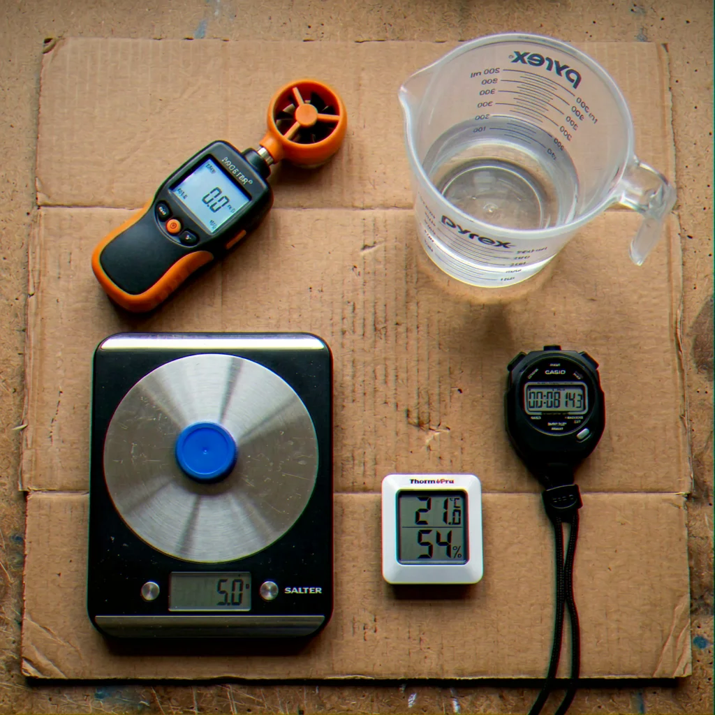 The decking oil sprayer testing kit laid out on a bench: digital scales, measuring jugs, timer, thermometer and PPE