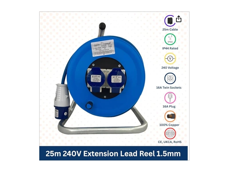 Heavy-duty outdoor extension reel for powering a decking oil sprayer