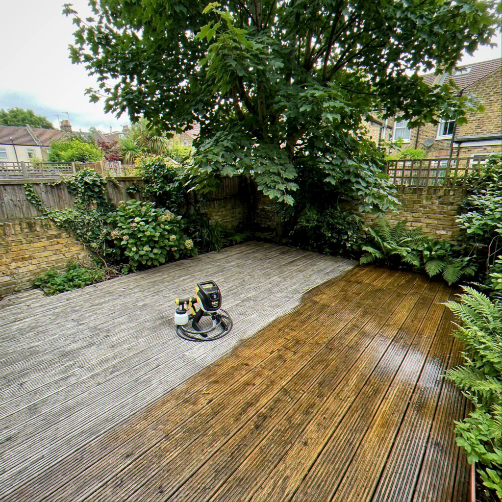 Mid pass. I split the same deck between brush work and sprayer work so the finish could be compared board by board.