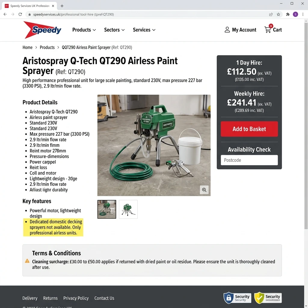 Q-Tech QT290 tool hire listing proof and cleaning surcharge claim
