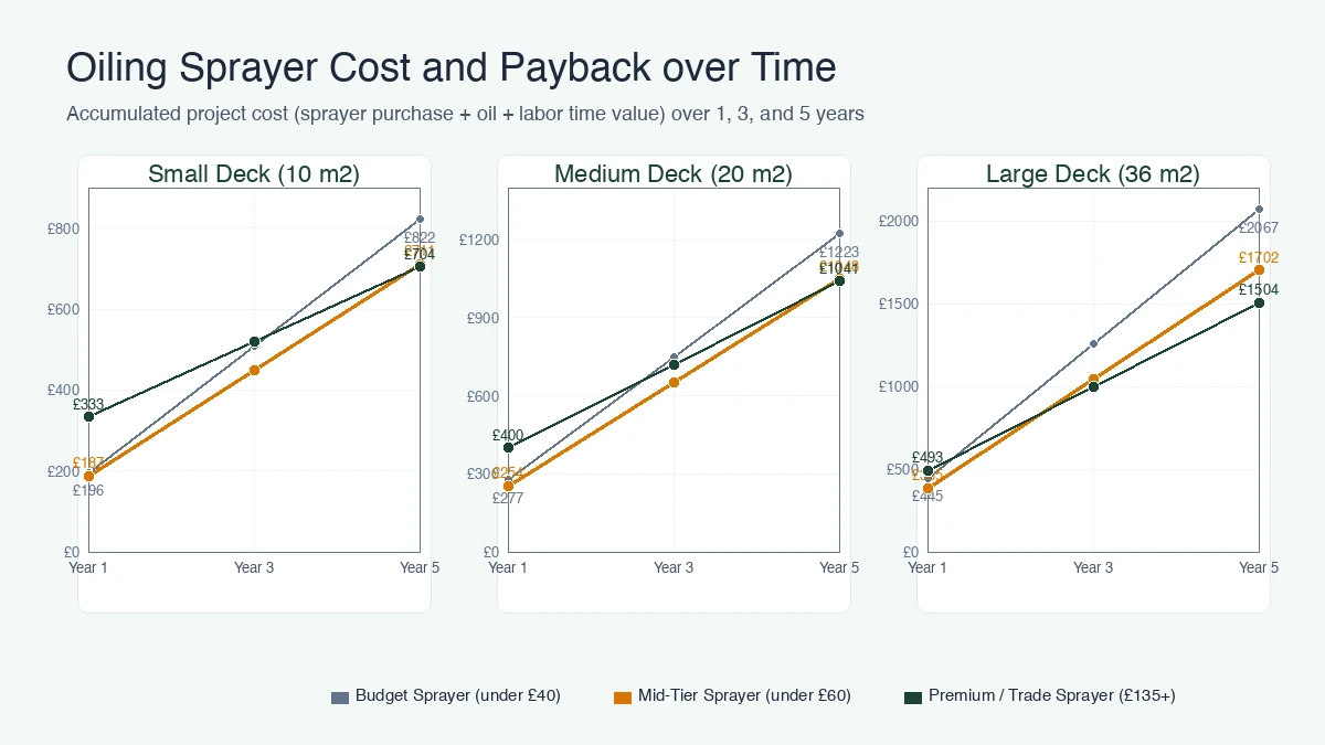 Sprayer payback diagram comparing cheap versus expensive sprayers for small, medium, and large decks over time