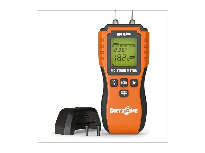 Pin-type wood moisture meter on decking boards